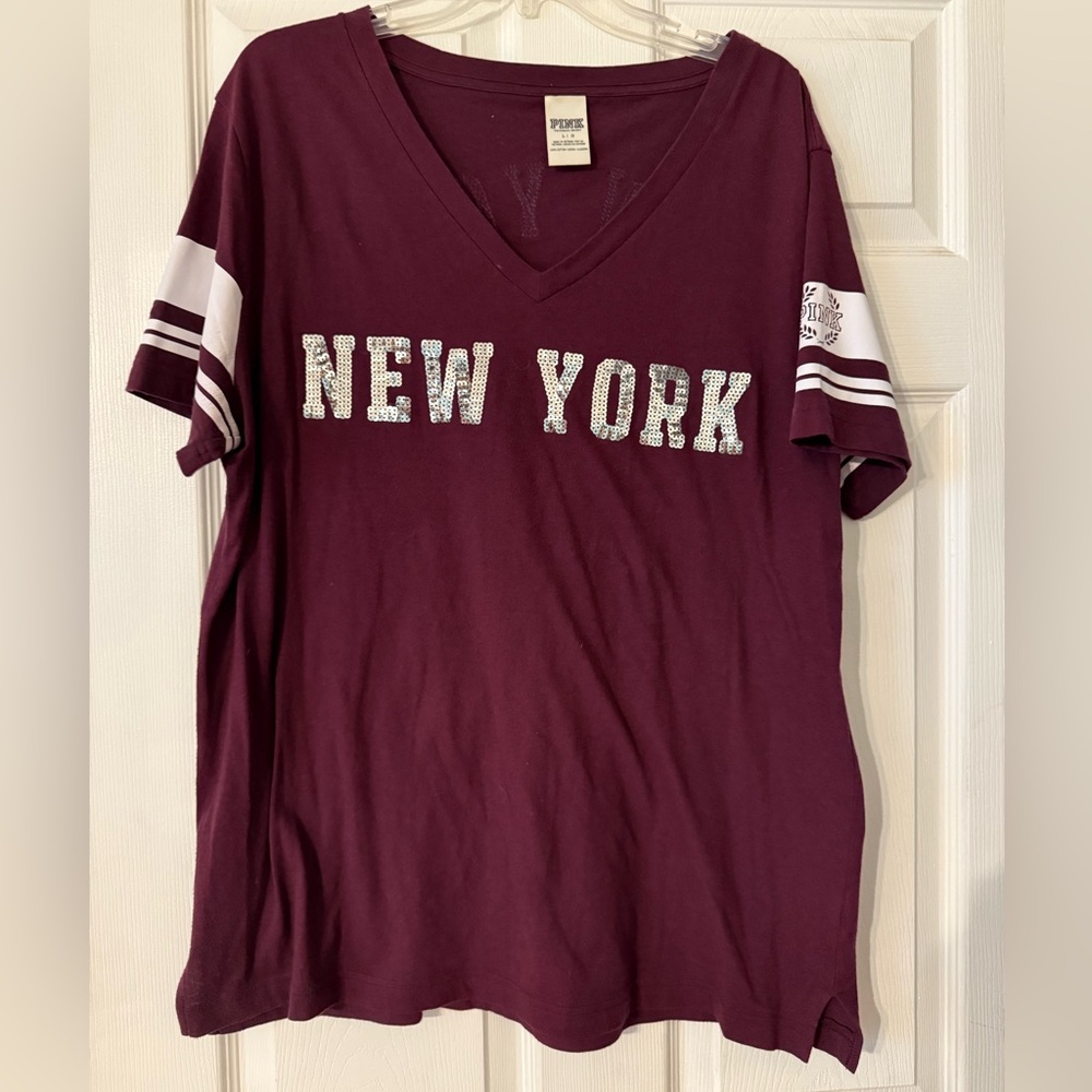 VS Pink Maroon New York V-Neck T-Shirt